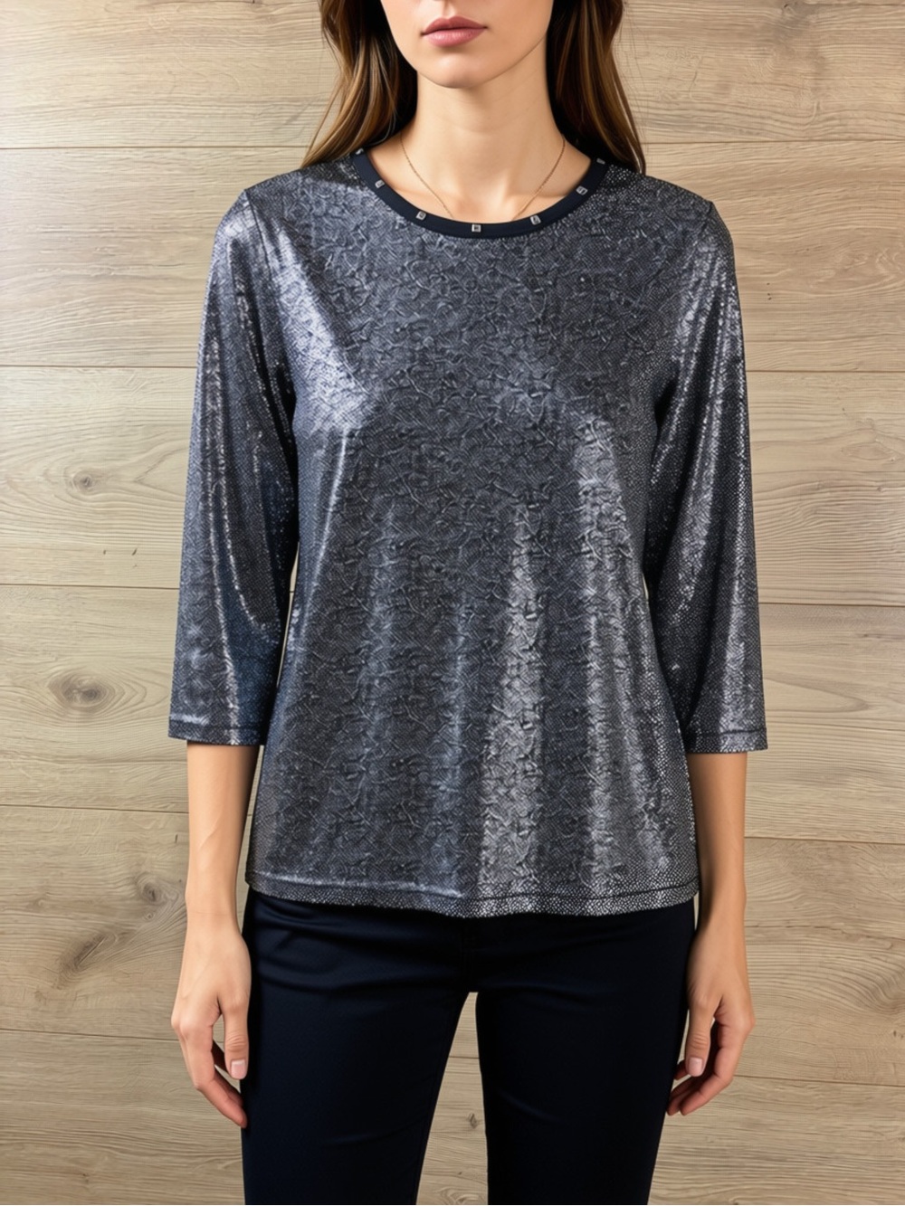 Rebecca Malone Metallic Silver  3/4 Sleeve Top Small